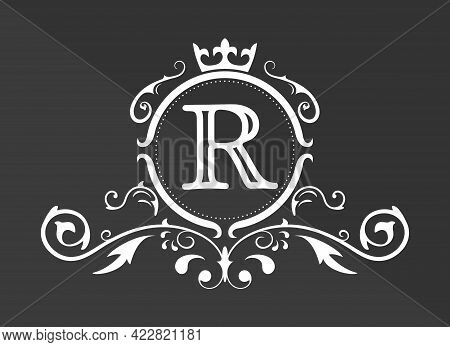 Stylized Letter R Of The Latin Alphabet. Monogram Template With Ornament And Crown For Design Of Ial