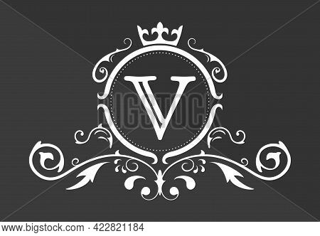 Stylized Letter V Of The Latin Alphabet. Monogram Template With Ornament And Crown For Design Of Ial