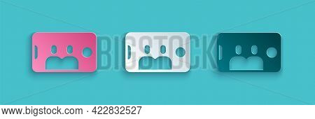 Paper Cut Selfie On Mobile Phone Icon Isolated On Blue Background. Romantic Self Portrait, Young Fri