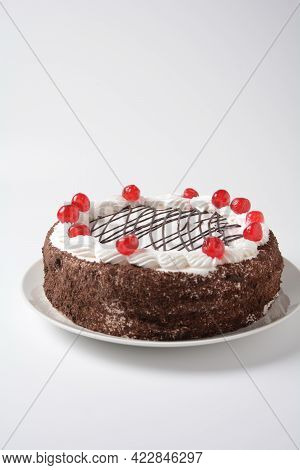 Black Forest Cake, Schwarzwald Pie, Dark Chocolate And Cherry Dessert On A White Background. Black F