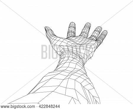 Open Palm Hand Gesture Of Male Hand. Vector Rendering Of 3d. Wire-frame Style