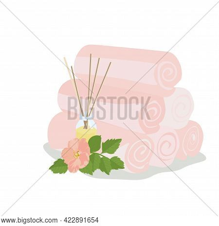 Vector Stock Illustration Of Terrycloth Towels. Icon For Hotel, Spa, Resort. Plush Pink Towels. Arom