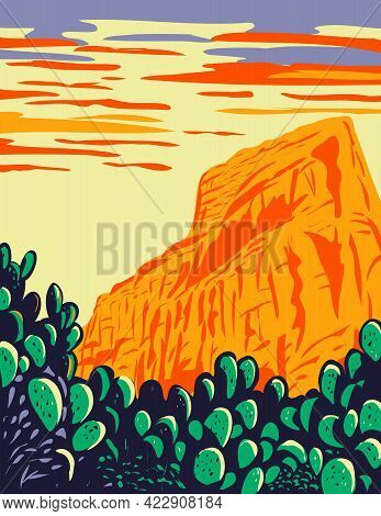 Wpa Poster Art Of Prickly Pear Cactus With Red Butte In Tucson Mountains Located Within The Saguaro 