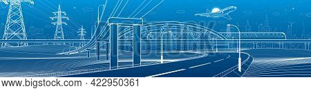 Outline Road Bridge. Car Overpass. Train Rides. Airplane Fly. City Infrastructure And Transport Illu