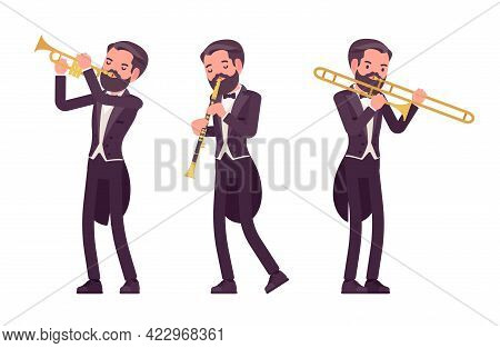 Musician, Elegant Tuxedo Man Playing Professional Wind Instruments. Classical Music Event, Concert, 