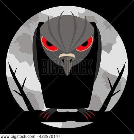 Raven With Scary Bloody Eyes And Sharp Claws On Night Background And Of A Large Pale Moon. Dark Silh