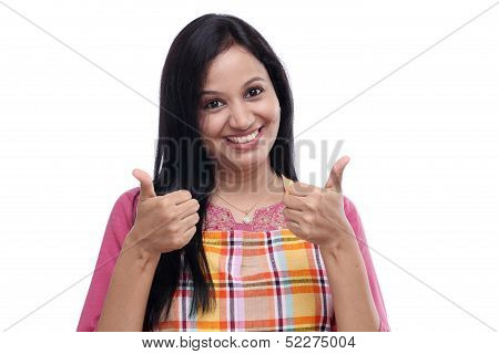 Happy Young Indian Woman Wearing Kitchen Apron