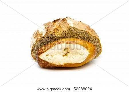 Fresh Baked Brown Bread with Lye Bread Roll on white background