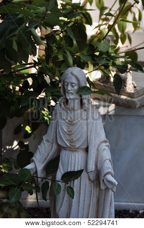 Jesus Christ Statue Among Leaves