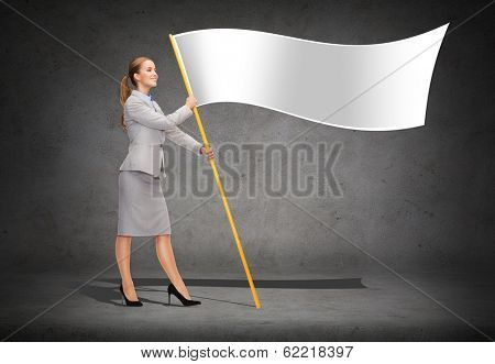 business and advertisement concept - smiling woman holding flagpole with white flag