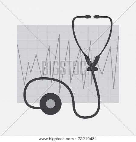 Grayscale Ecg And Stethoscope  Isolated In White
