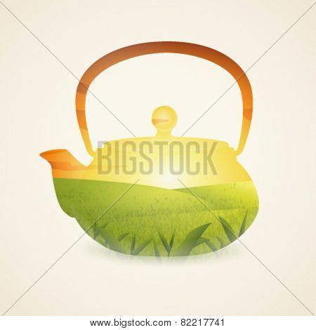 Vector double exposure illustration. Oriental teapot plus sunset on the tea field