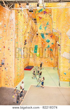 SYDNEY,AUSTRALIA - DECE 23, 2014: Unidentified person at artificial Indoor climbing Gym St. Peters on Dec 23, 2014 in Sydney, Australia. It is country's largest  with around 2900 m2 of climbing walls.