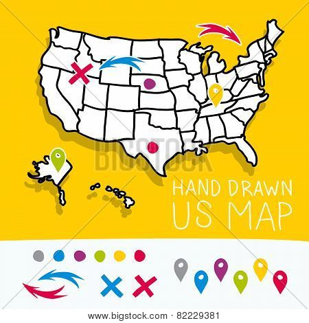 Yellow hand drawn US map with map