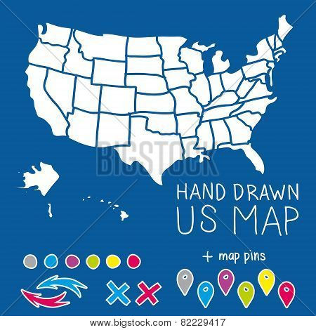 Hand drawn US map with map pins