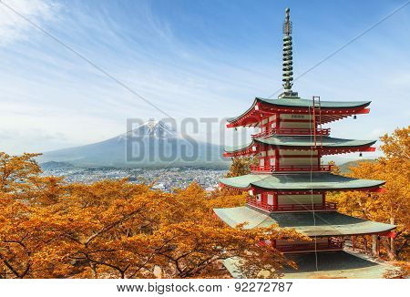 Mt. Fuji With Red Pagoda At Autumn Season In Japan