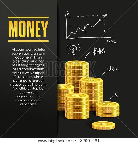 Money poster or banner design template with golden coins and copy space for text. Vector illustration. Money making. Bank deposit. Financials. Gold and black colors. Business finans vector background.