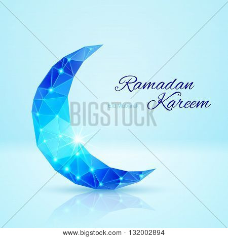 Glowing ornate crescent in blue shades. Greeting card of holy Muslim month Ramadan