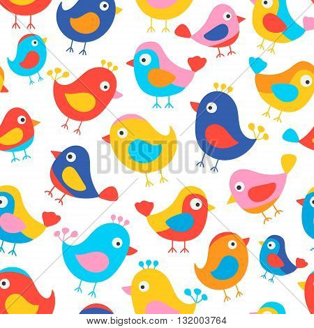 Hand drawn seamless pattern with cute birds. Fun birds for kids design. Vector. Bright colors - red blue pink yellow orange. On white background.