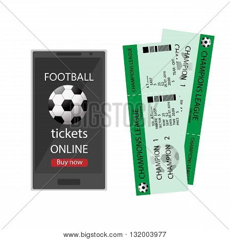 Football ticket online. Booking football ticket online via internet smart phone infographic. Buying or booking soccer tickets. Football ticket card modern design. Vector illustration