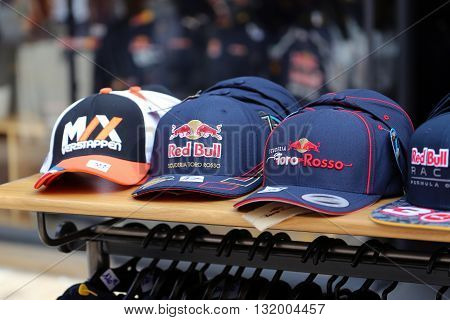 Monte-Carlo Monaco - May 28 2016: Many Different Caps of Famous Formula One Team For Sale During the Monaco Formula 1 Grand Prix 2016