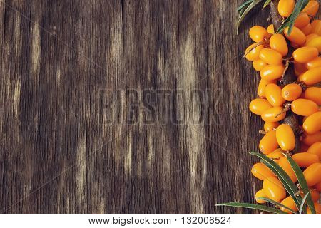 Fruit background. Organic ripe sea buckthorn on old wooden background. Top view . Copy space for you text