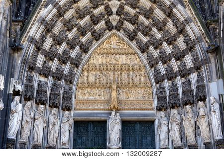 main entrance fragent Cologne Cathedral Germany spring.