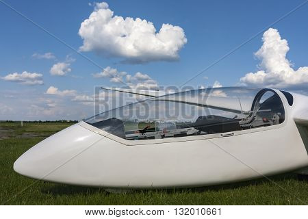 Glider at the airport. closeup of cockpit