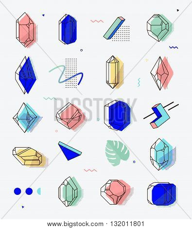 Set of space objects crystals with geometric shapes. Memphis style for hipsters. The elements for cover fashion t-shirts gift cards 80.