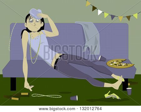 Young woman lying on a couch with a hangover after a night of heavy drinking, vector illustration