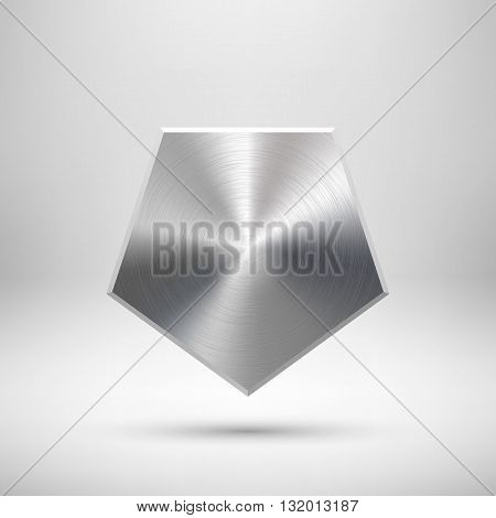 Abstract polygon, hex badge, blank button template with metal texture, chrome, silver, steel and realistic shadow for logo, design concepts, prints, web, interfaces, UI. Vector illustration.