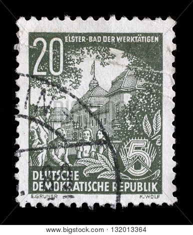 ZAGREB, CROATIA - SEPTEMBER 05: A stamp printed in GDR, shows Bad Elster, spa town of the workers, series Five year plan, circa 1953, on September 05, 2014, Zagreb, Croatia