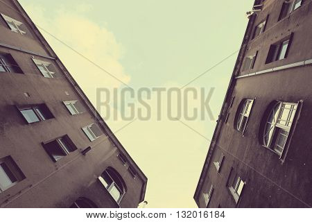 annexe of old houses in Szczecin, Poland; vintage filter effect