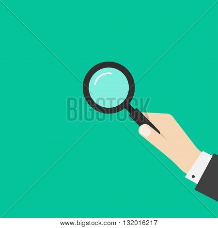 Hand holding magnifying glass vector illustration template simple black magnifier in business man hand symbol of investigation analyzing modern flat design isolated on green background