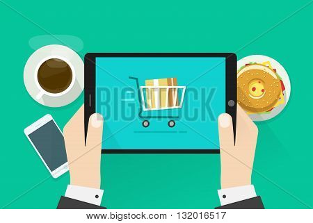 Two hands holding tablet computer device vector illustration breakfast top view concept abstract table with fast food coffee cup mobile phone burger flat cartoon design isolated on green