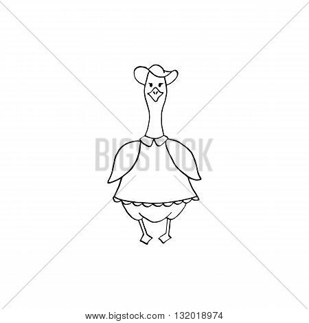 Cute fat goose lady in hand-drawing style. Black and white vector illustration.