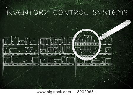 Products In A Warehouse & Magnifying Glass, Inventory Control Systems