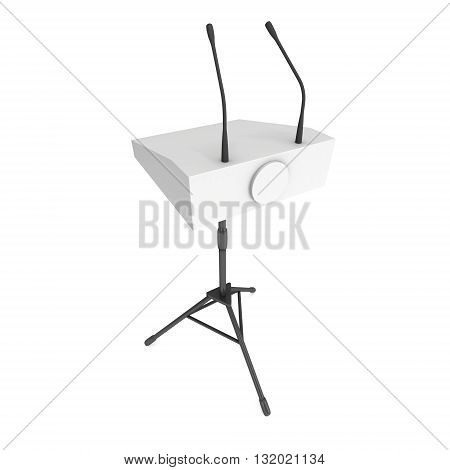 3d Speaker Podium on Tripod. White Tribune Rostrum Stand with Microphones. 3d render isolated on white background. Debate press conference concept