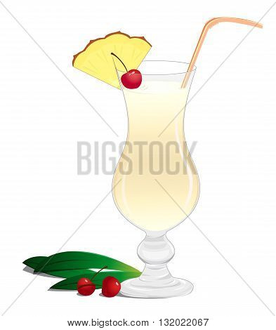Cocktail Pina Colada with a slice of pineapple and a cherry on a white background