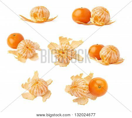 Fresh juicy peeled cleaned tangerine ripe fruit isolated over the white background set