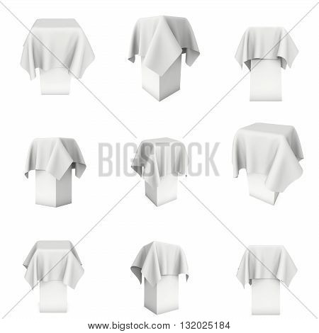 Presentation pedestal covered with a white cloth 3d set. Place for award or prize cover by cloth. 3d render isolated on white.
