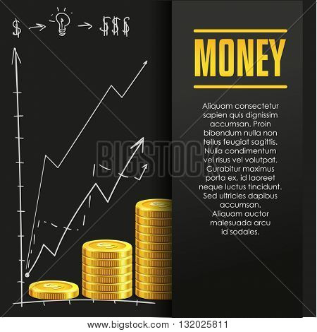 Money poster or banner design template with golden coins and copy space for text. Vector illustration. Money making. Bank deposit. Financial. Gold and black colors. Business finans vector background.