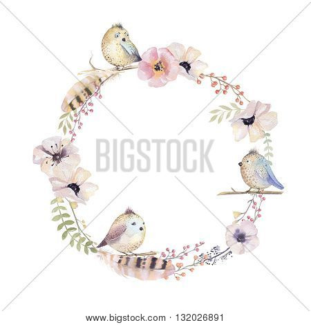 Watercolor floral wreath. Watercolour natural frame: leaves, feathers, flowers, birds. Isolated on white background. Artistic decoration illustration. Save the date , weddign design, greeting card