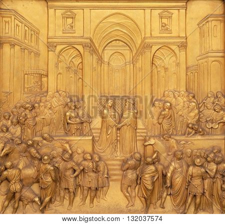 FLORENCE, ITALY - JUNE 05: Baptistry of Saint John, Gates of Paradise, Queen of Sheba and King Solomon, Florence, Italy on June 05, 2015