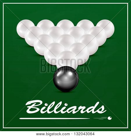 Set of white billiard balls and one black billiard ball on a green cloth background, billiard table with balls and the inscription Billiards, illustration.