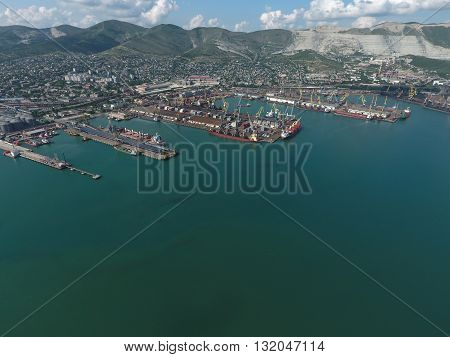 Industrial Seaport, Top View. Port Cranes And Cargo Ships And Barges.