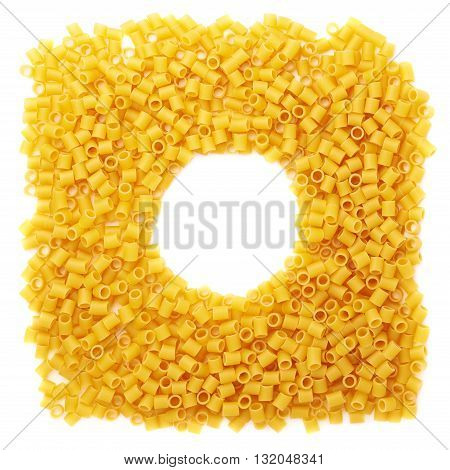 Round frame made of dry ditalini yellow pasta over isolated white background