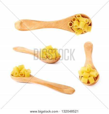 Set of wooden spoon filled with dry ditalini yellow pasta over isolated white background, different foreshortenings