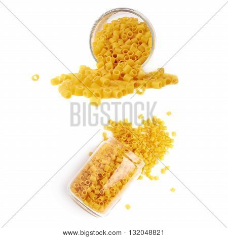 Set of glass jar filled with dry ditalini yellow pasta over isolated white background, different foreshortenings