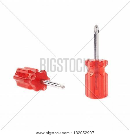 Set of cruciform screwdriver with the red handle isolated over white background, different foreshortenings